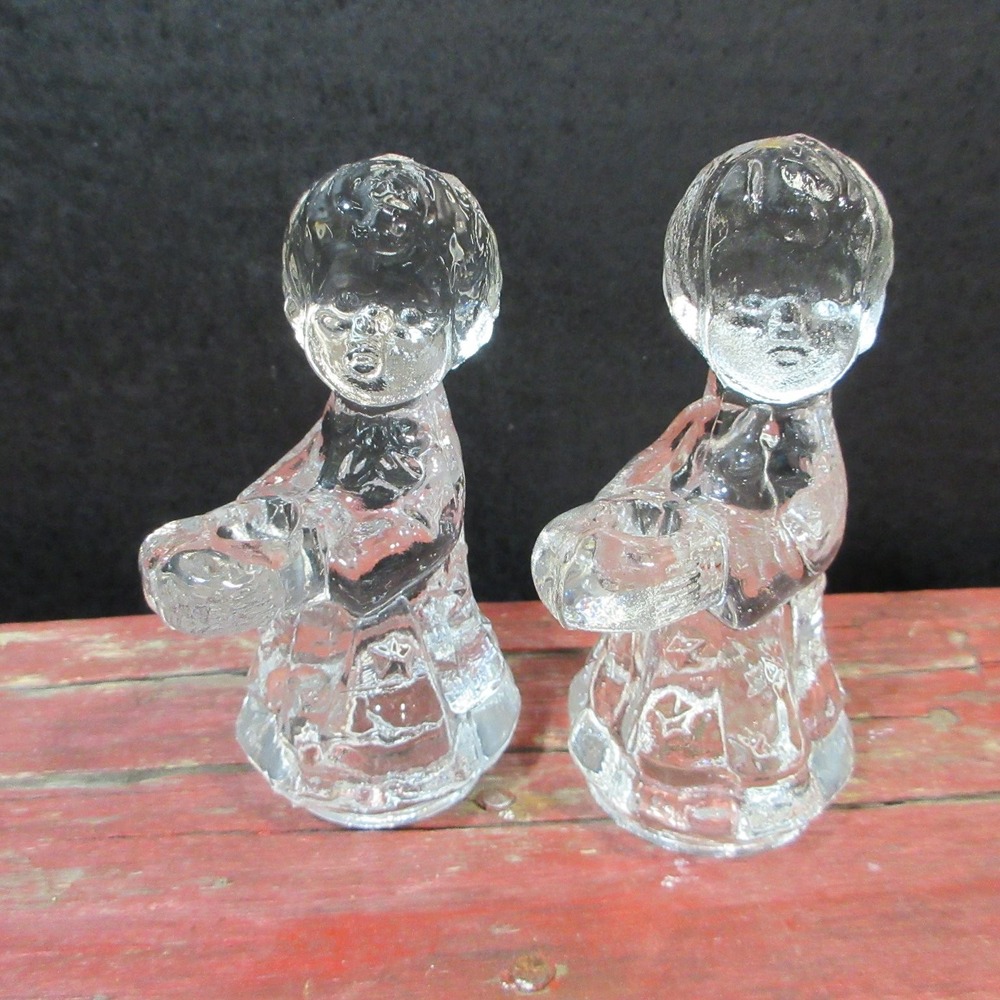 Vintage Clear Glass Cherub Angel Candle Holders Figurines Set of 2